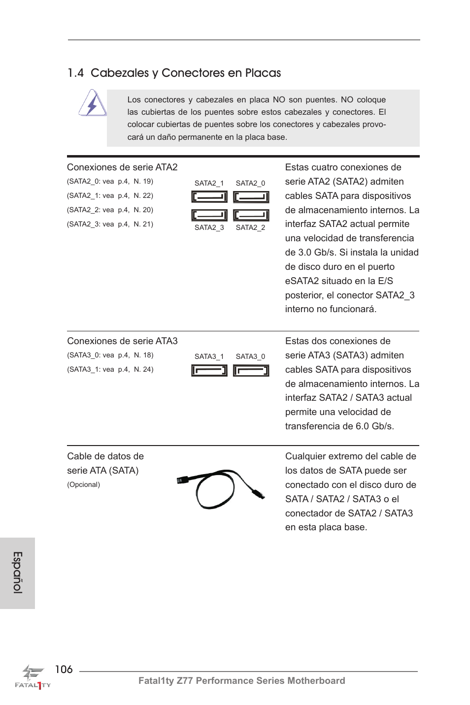 Español 1.4 cabezales y conectores en placas | ASRock Fatal1ty Z77 Performance User Manual | Page 106 / 219