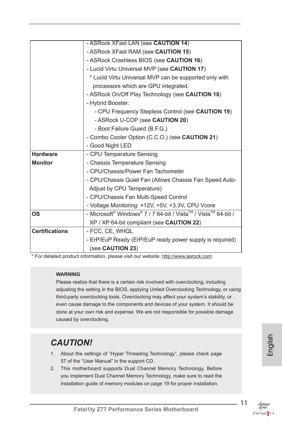 Caution, English | ASRock Fatal1ty Z77 Performance User Manual | Page 11 / 219