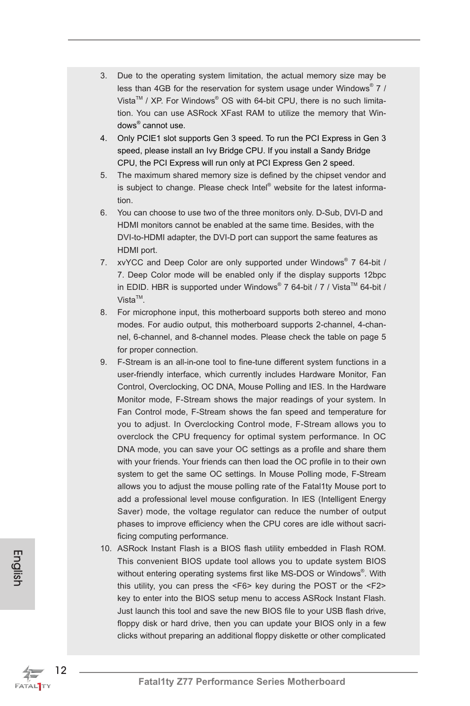 English, Fatal1ty z77 performance series motherboard | ASRock Fatal1ty Z77 Performance User Manual | Page 12 / 219