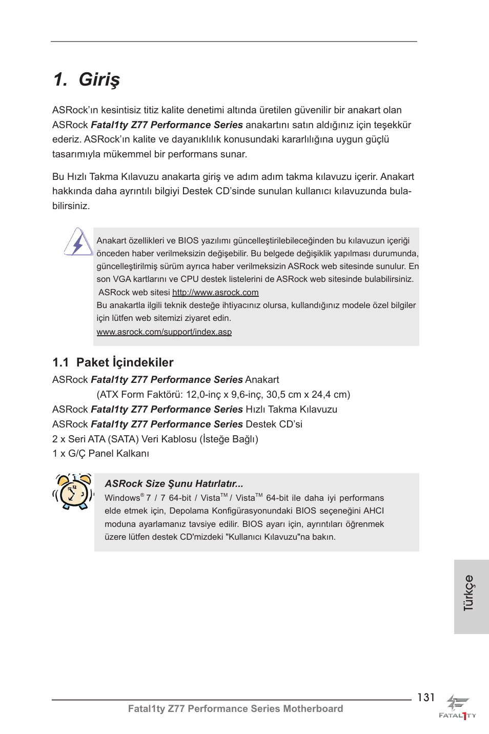 Turkish, Giriş, Türkçe | 1 paket içindekiler | ASRock Fatal1ty Z77 Performance User Manual | Page 131 / 219