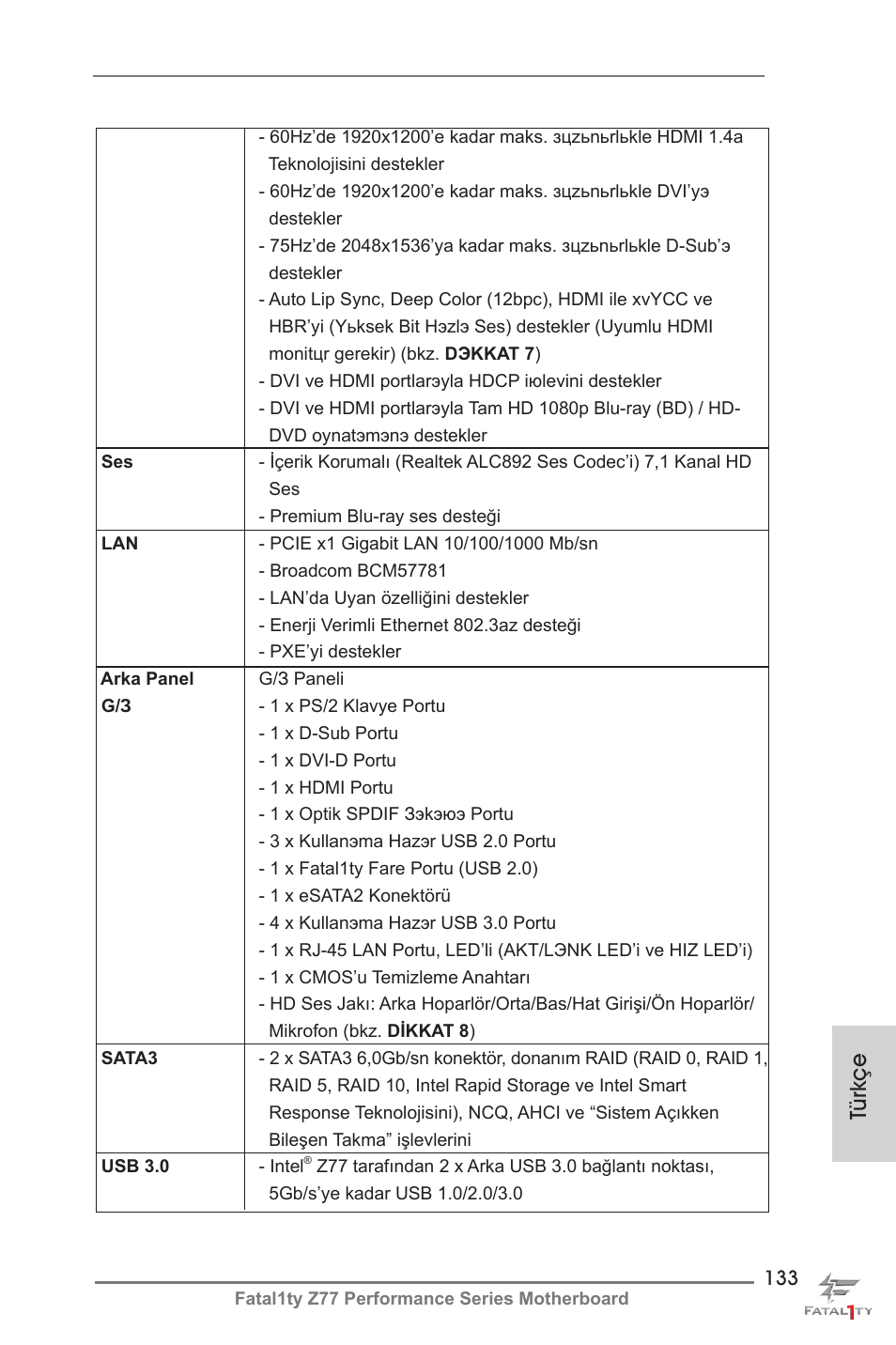 Türkçe | ASRock Fatal1ty Z77 Performance User Manual | Page 133 / 219
