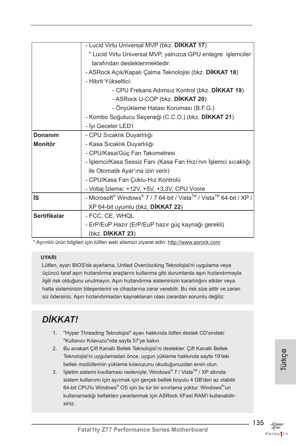 Dikkat, Türkçe | ASRock Fatal1ty Z77 Performance User Manual | Page 135 / 219
