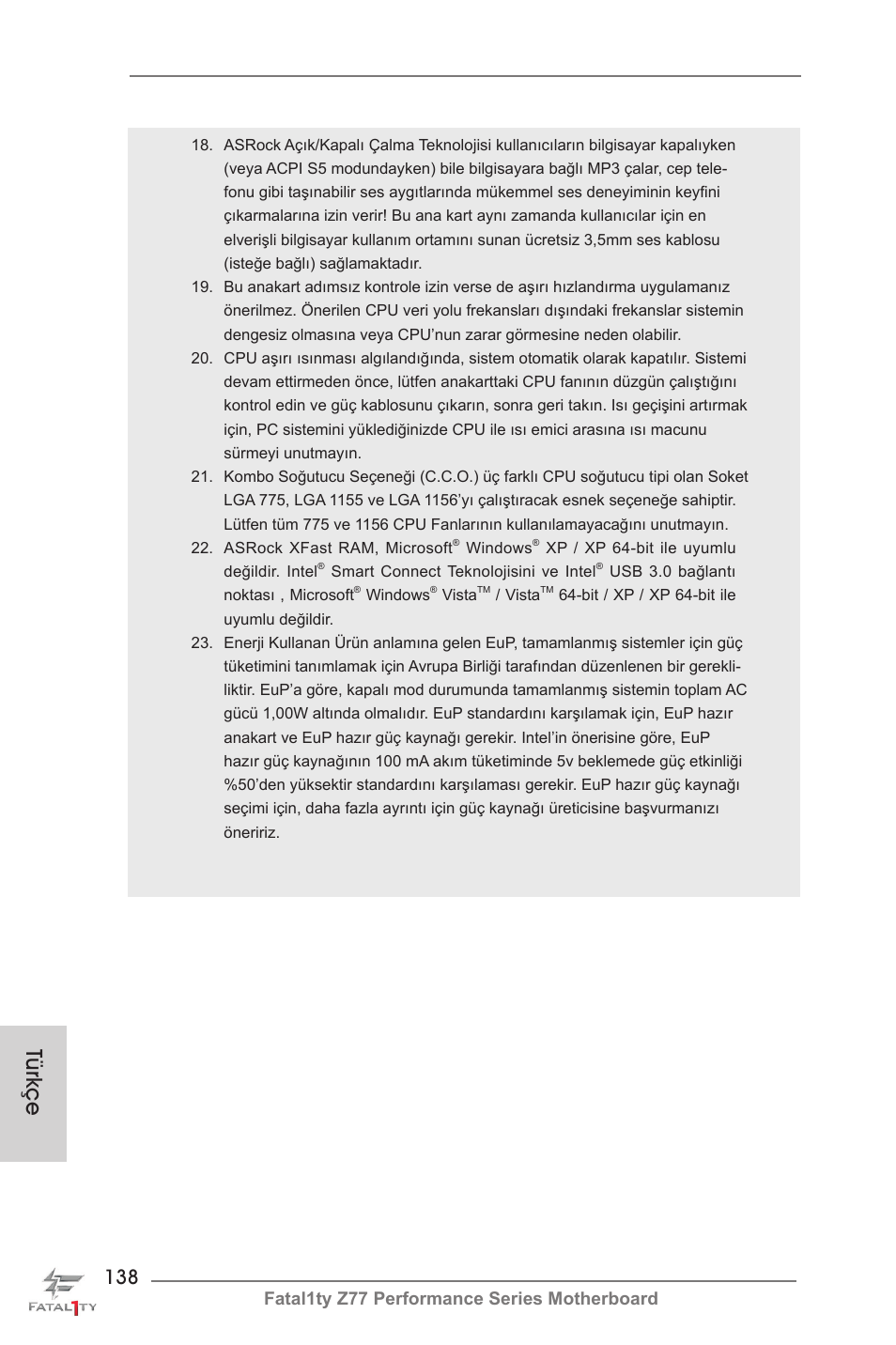 Türkçe, Fatal1ty z77 performance series motherboard | ASRock Fatal1ty Z77 Performance User Manual | Page 138 / 219