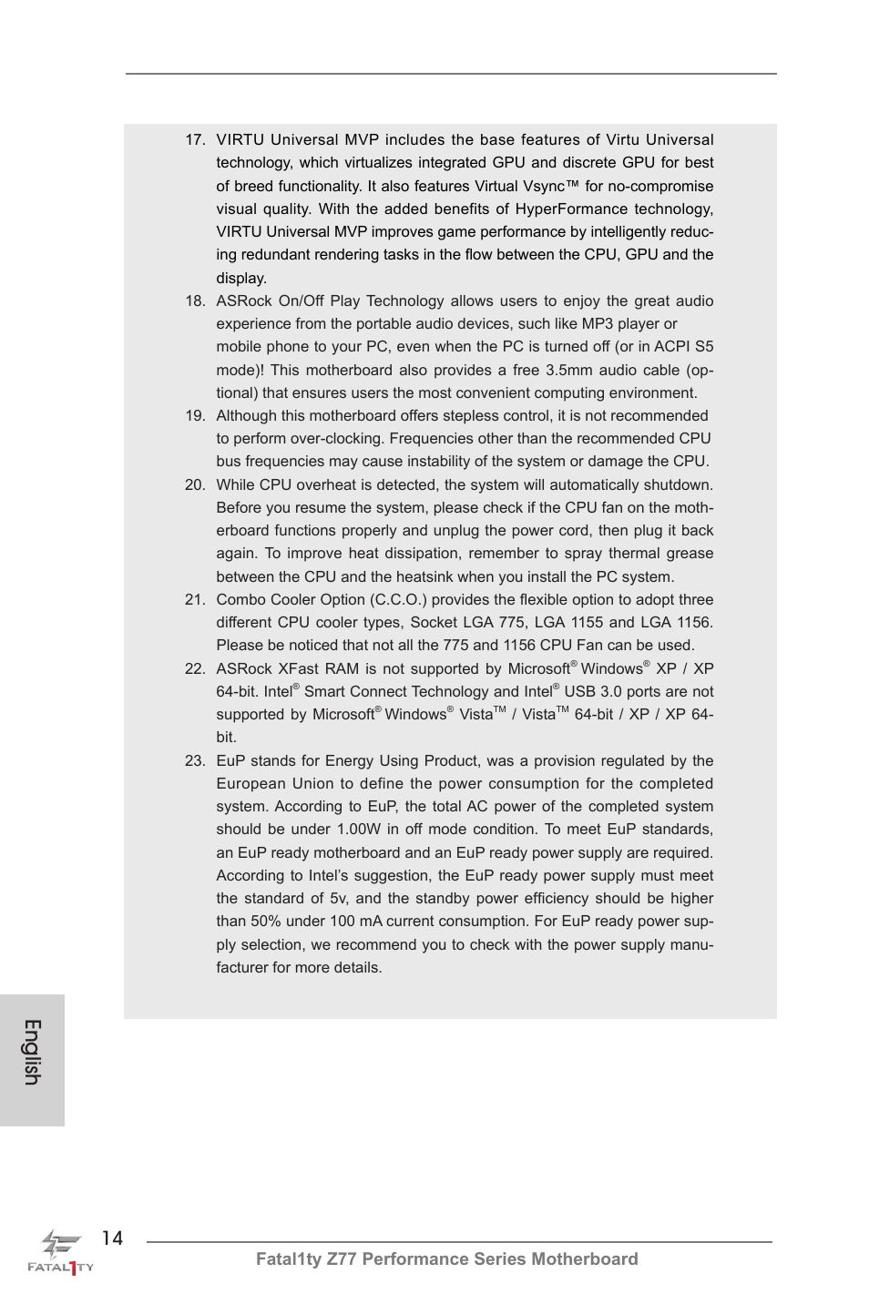 English, Fatal1ty z77 performance series motherboard | ASRock Fatal1ty Z77 Performance User Manual | Page 14 / 219