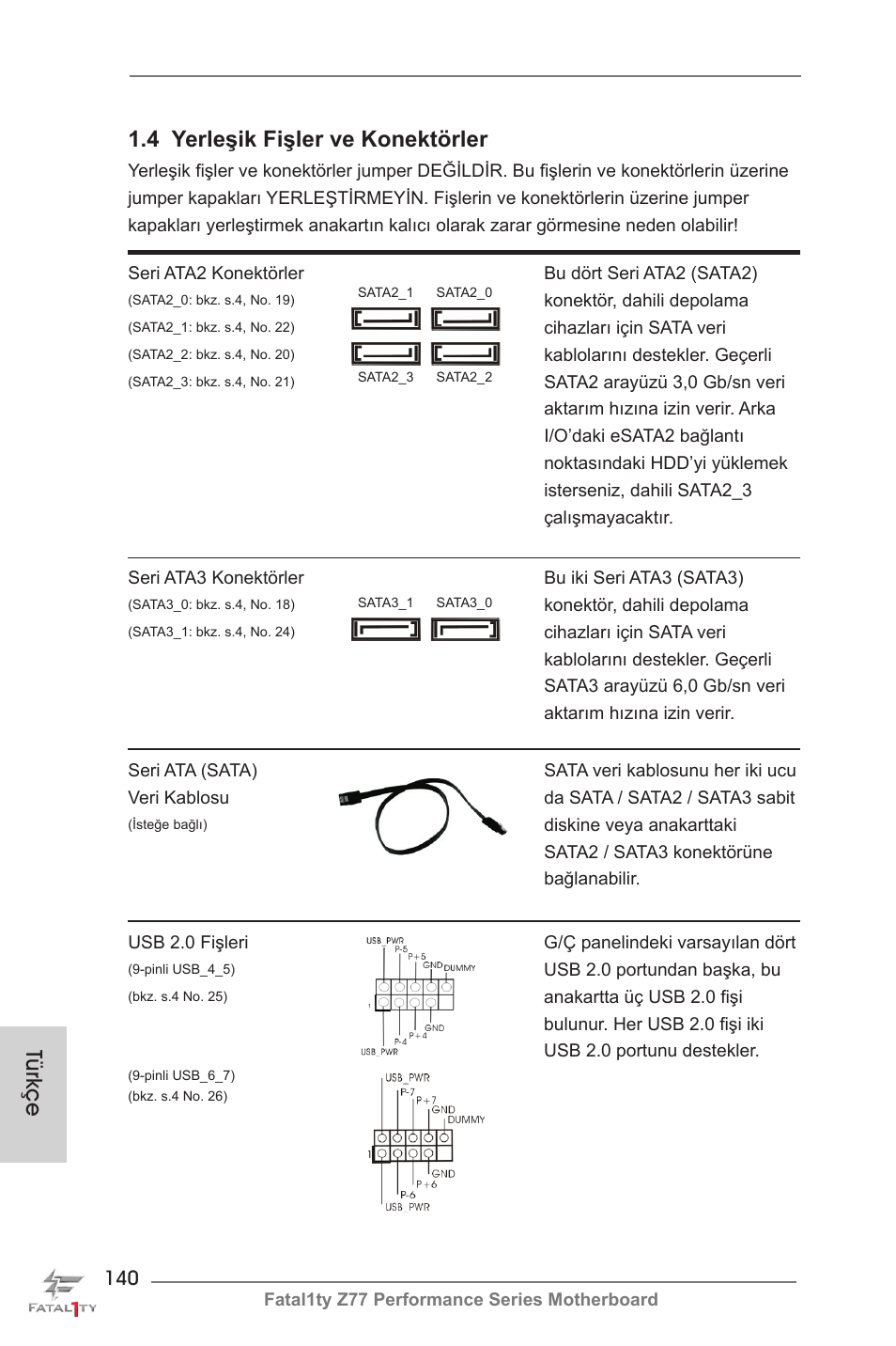 Türkçe 1.4 yerleşik fişler ve konektörler | ASRock Fatal1ty Z77 Performance User Manual | Page 140 / 219