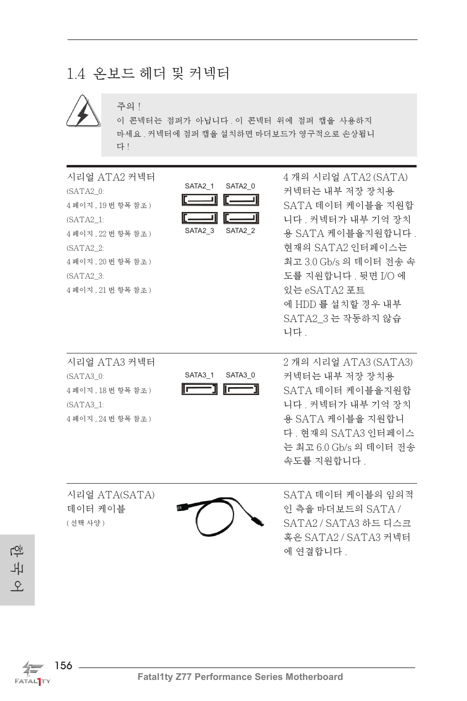 한 국 어 1.4 온보드 헤더 및 커넥터 | ASRock Fatal1ty Z77 Performance User Manual | Page 156 / 219
