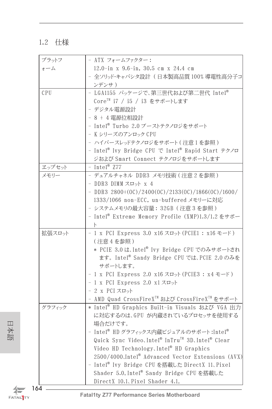 日本語 1.2 仕様 | ASRock Fatal1ty Z77 Performance User Manual | Page 164 / 219