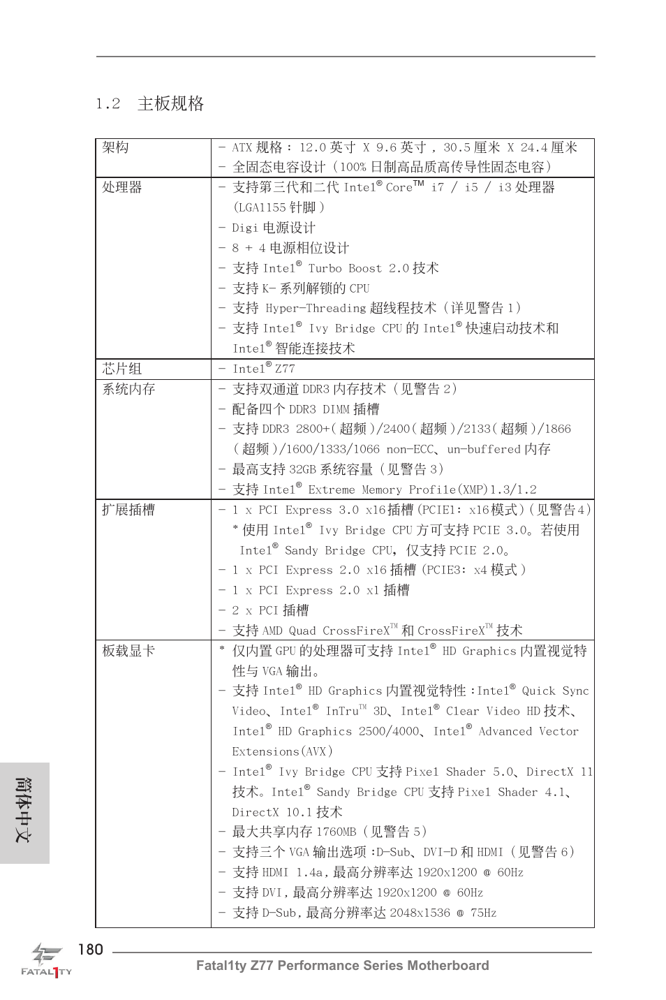 簡體中文 1.2 主板規格 | ASRock Fatal1ty Z77 Performance User Manual | Page 180 / 219