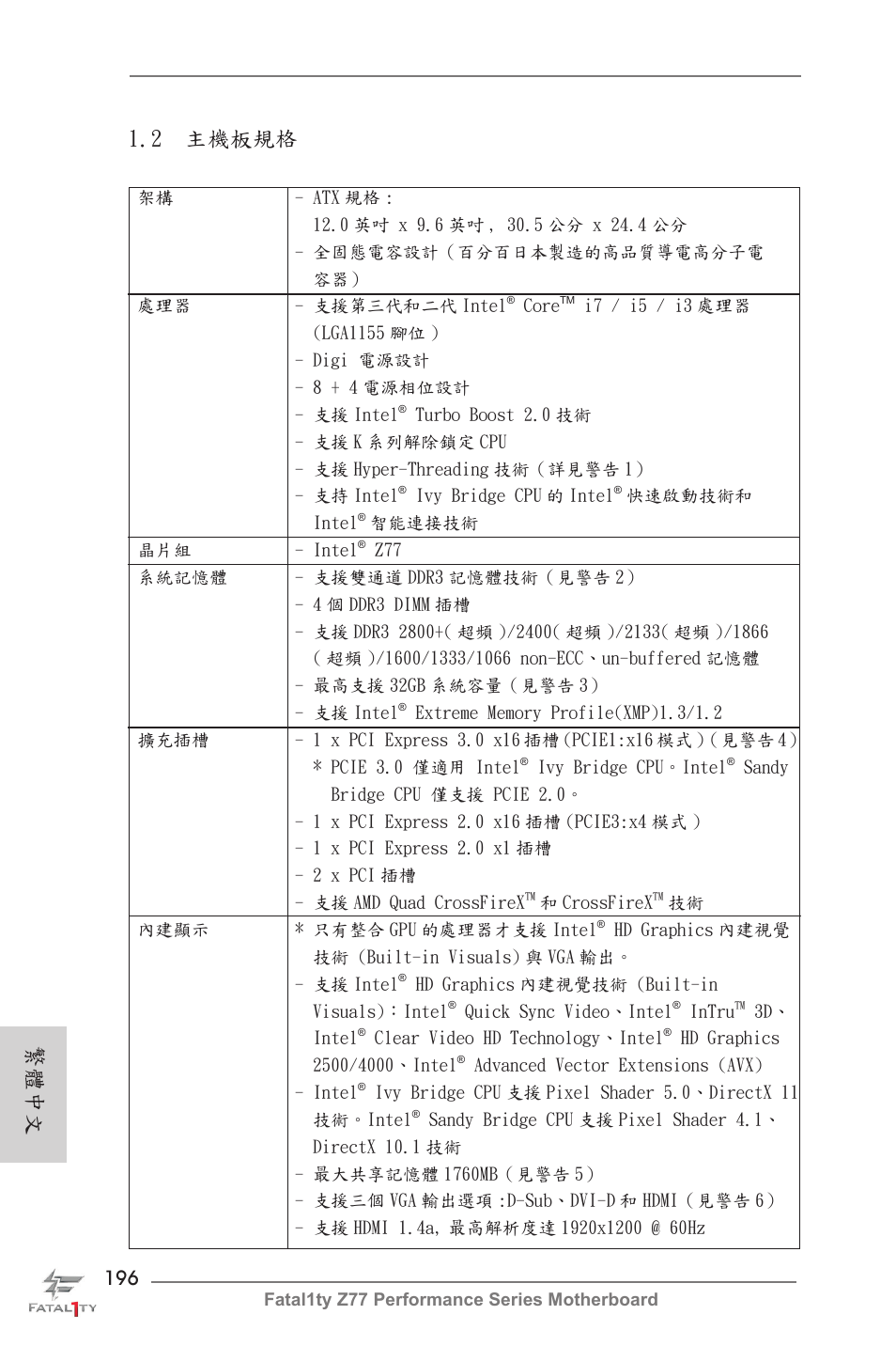 2 主機板規格, 繁體中文 | ASRock Fatal1ty Z77 Performance User Manual | Page 196 / 219