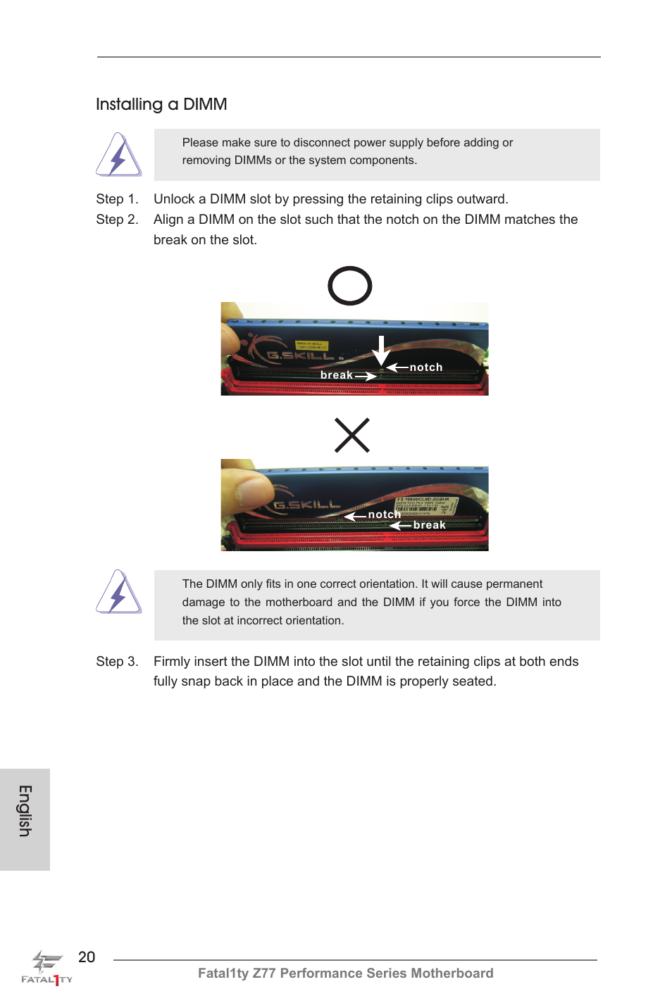 English installing a dimm | ASRock Fatal1ty Z77 Performance User Manual | Page 20 / 219