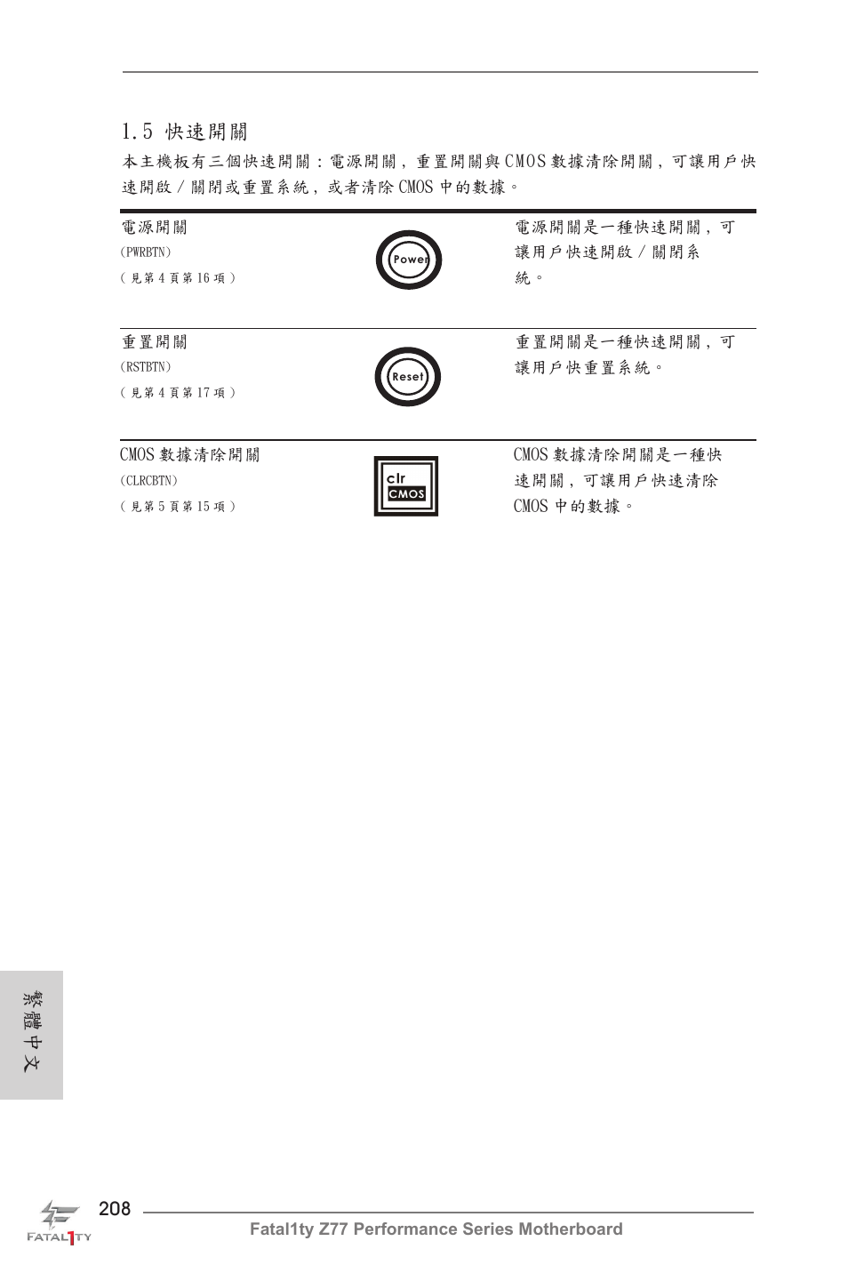 繁體中文 1.5 快速開關 | ASRock Fatal1ty Z77 Performance User Manual | Page 208 / 219