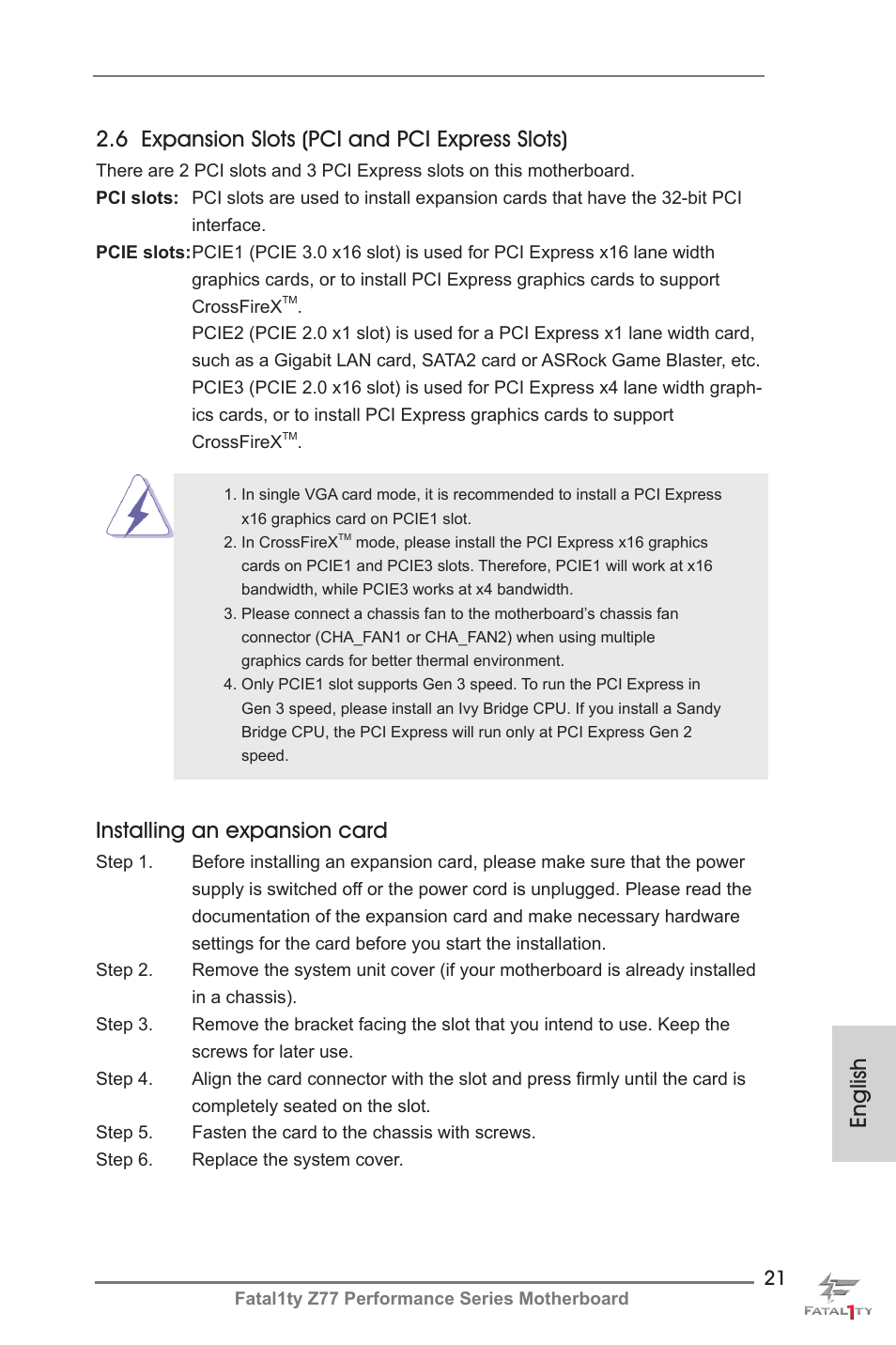 Installing an expansion card | ASRock Fatal1ty Z77 Performance User Manual | Page 21 / 219