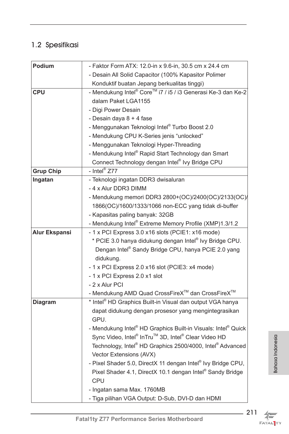 2 spesifikasi | ASRock Fatal1ty Z77 Performance User Manual | Page 211 / 219
