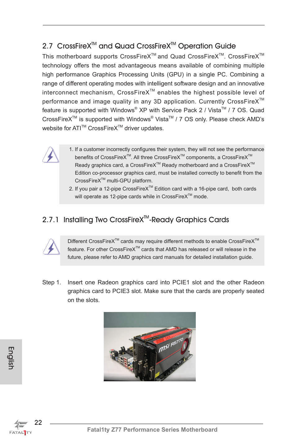 English, 7 crossfirex, And quad crossfirex | Operation guide, 1 installing two crossfirex, Ready graphics cards | ASRock Fatal1ty Z77 Performance User Manual | Page 22 / 219