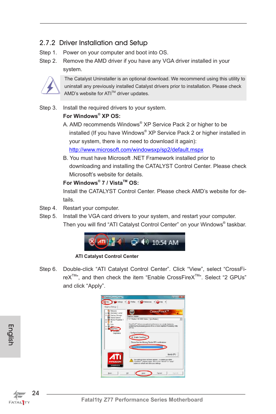 English, 2 driver installation and setup | ASRock Fatal1ty Z77 Performance User Manual | Page 24 / 219