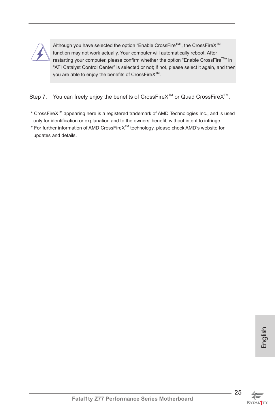 English, Fatal1ty z77 performance series motherboard, Or quad crossfirex | ASRock Fatal1ty Z77 Performance User Manual | Page 25 / 219