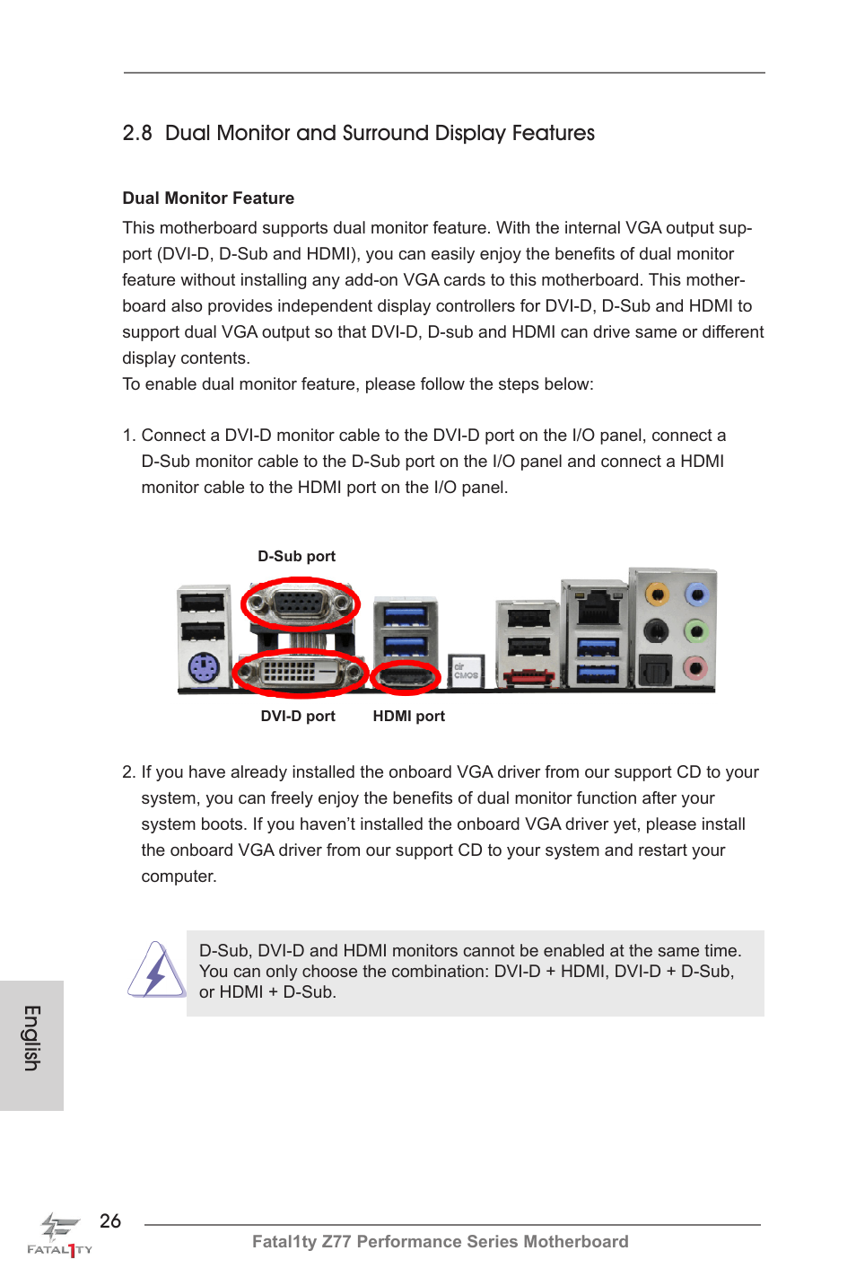 English, 8 dual monitor and surround display features | ASRock Fatal1ty Z77 Performance User Manual | Page 26 / 219