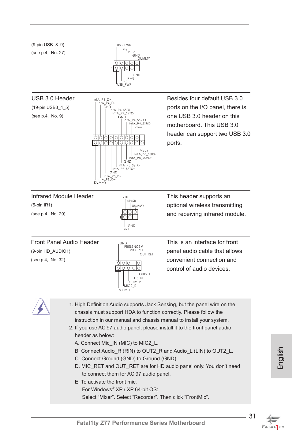 English, Fatal1ty z77 performance series motherboard, Infrared module header this header supports an | Optional wireless transmitting, Ports on the i/o panel, there is, Panel audio cable that allows, Convenient connection and control of audio devices | ASRock Fatal1ty Z77 Performance User Manual | Page 31 / 219