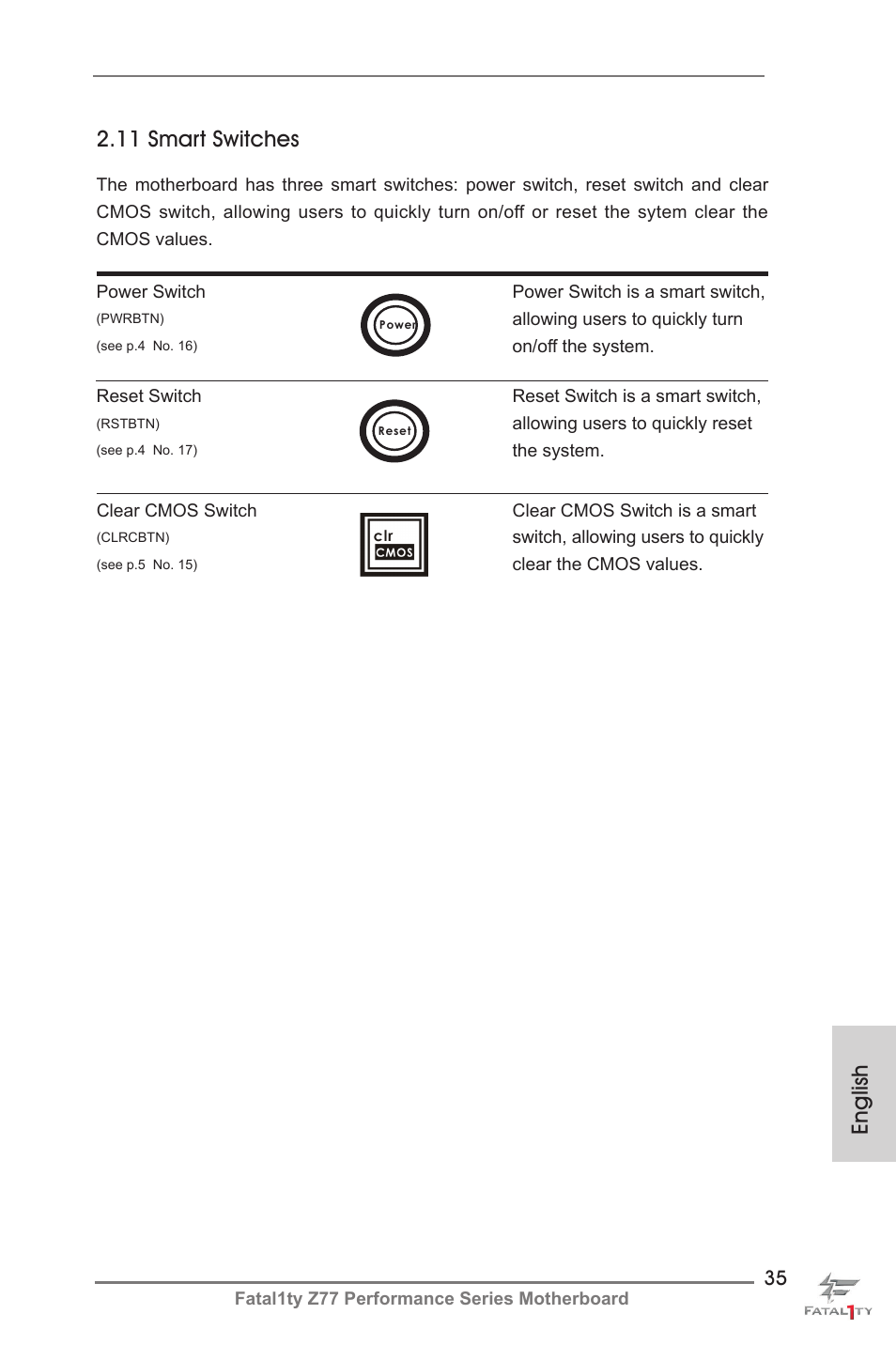 English, 11 smart switches | ASRock Fatal1ty Z77 Performance User Manual | Page 35 / 219