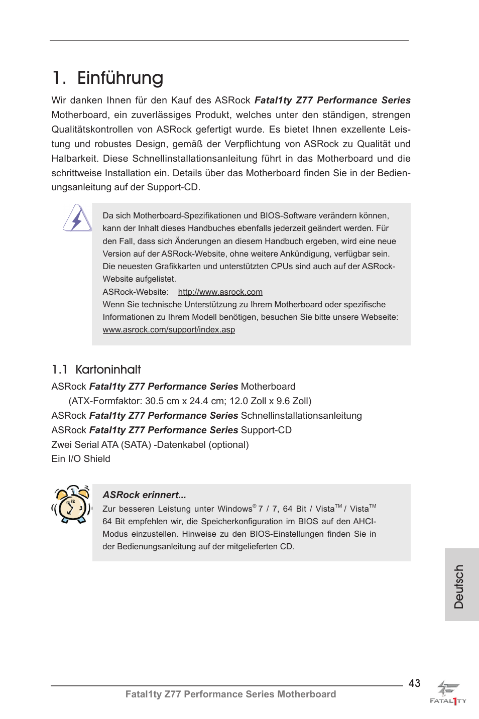 German, Einführung, Deutsch | 1 kartoninhalt | ASRock Fatal1ty Z77 Performance User Manual | Page 43 / 219