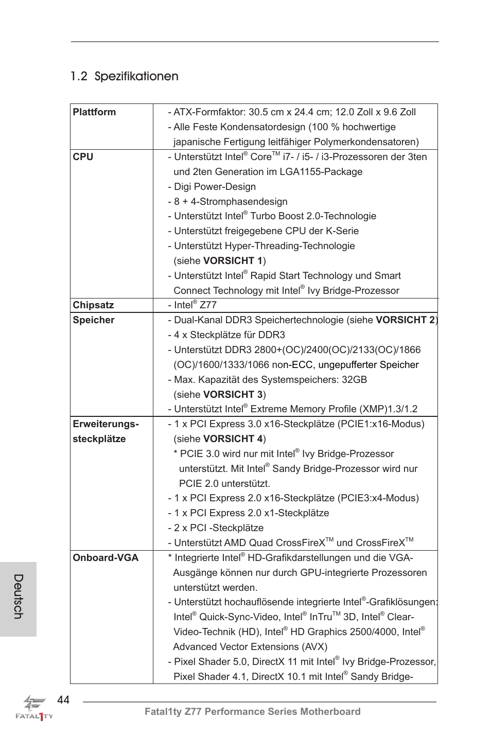 Deutsch 1.2 spezifikationen | ASRock Fatal1ty Z77 Performance User Manual | Page 44 / 219