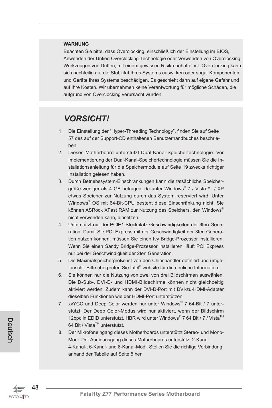Vorsicht, Deutsch | ASRock Fatal1ty Z77 Performance User Manual | Page 48 / 219