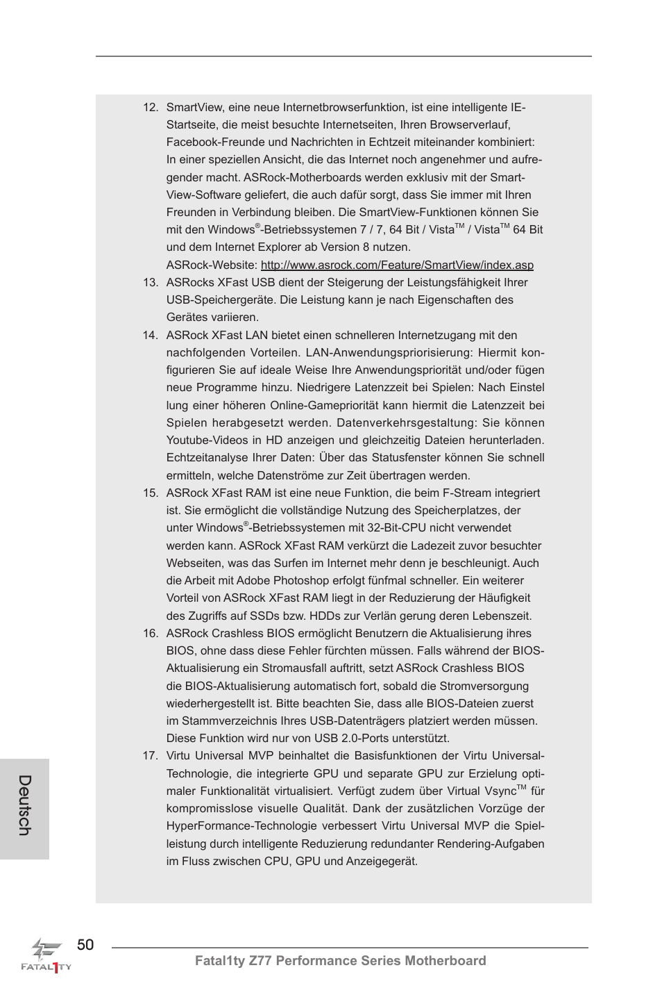 Deutsch, Fatal1ty z77 performance series motherboard | ASRock Fatal1ty Z77 Performance User Manual | Page 50 / 219
