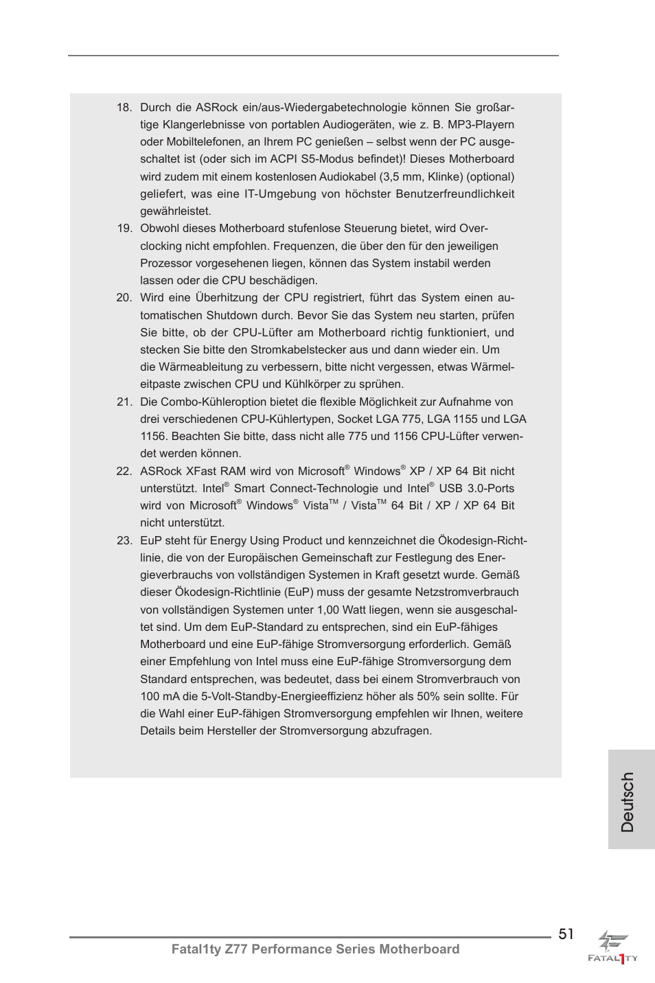 Deutsch, Fatal1ty z77 performance series motherboard | ASRock Fatal1ty Z77 Performance User Manual | Page 51 / 219