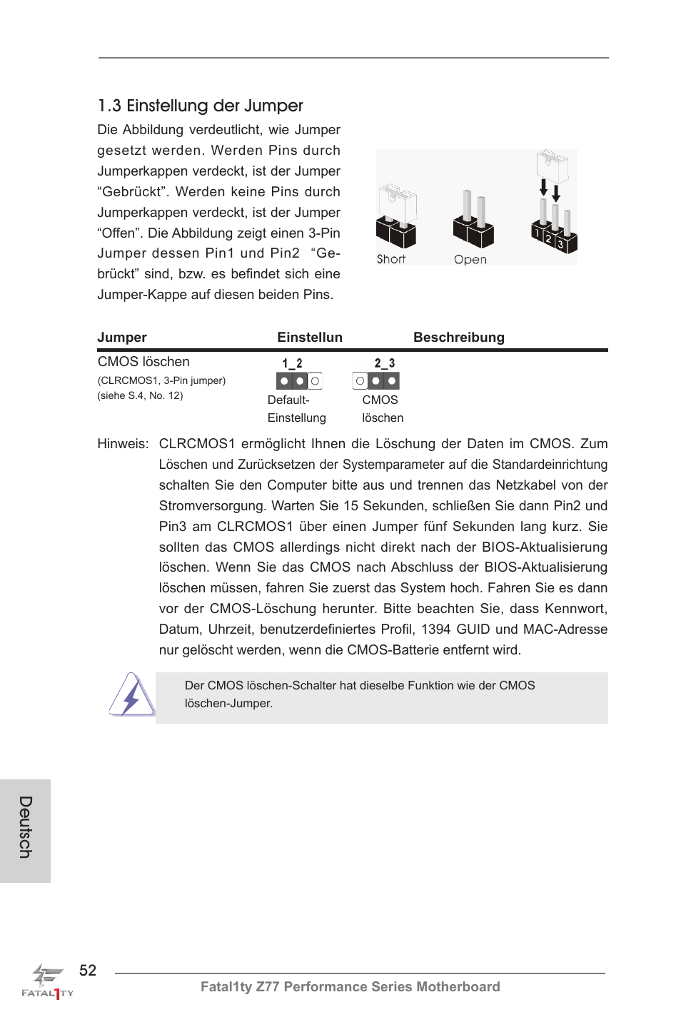 Deutsch 1.3 einstellung der jumper | ASRock Fatal1ty Z77 Performance User Manual | Page 52 / 219