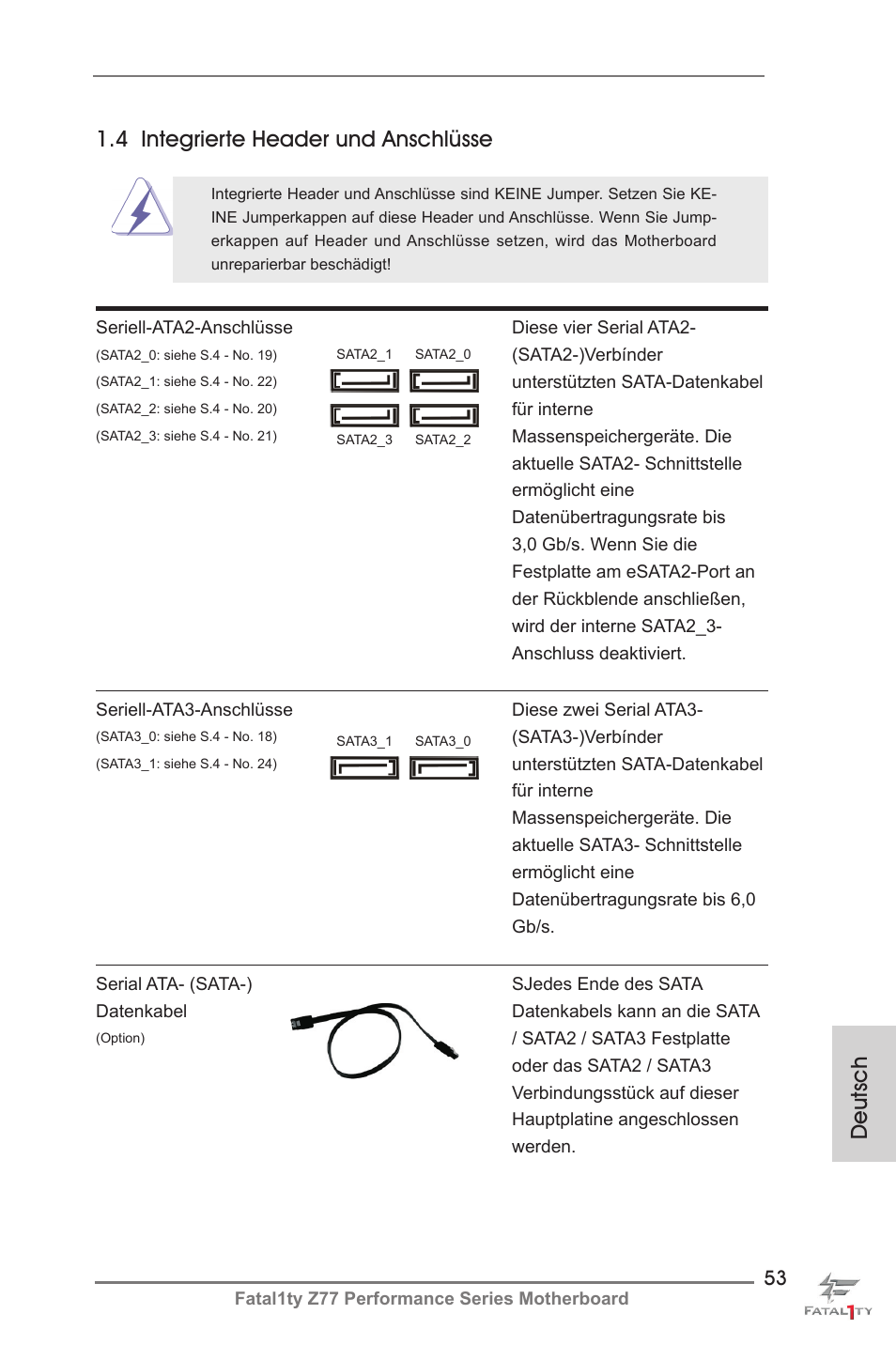 Deutsch, 4 integrierte header und anschlüsse | ASRock Fatal1ty Z77 Performance User Manual | Page 53 / 219