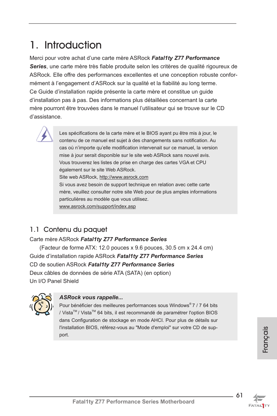 French, Introduction, Français | 1 contenu du paquet | ASRock Fatal1ty Z77 Performance User Manual | Page 61 / 219