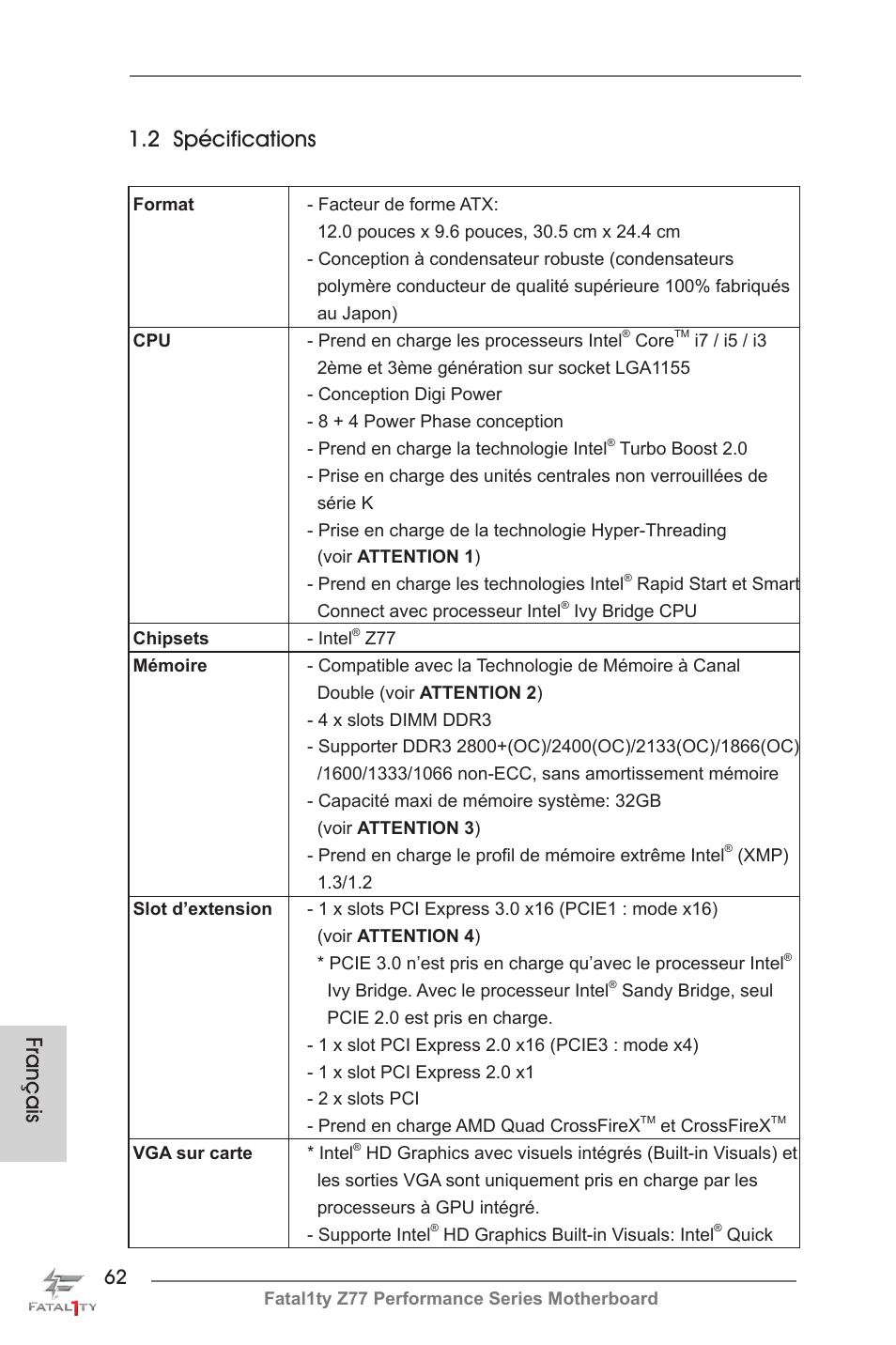 Français 1.2 spécifications | ASRock Fatal1ty Z77 Performance User Manual | Page 62 / 219