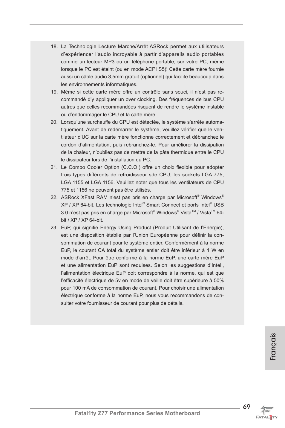 Français, Fatal1ty z77 performance series motherboard | ASRock Fatal1ty Z77 Performance User Manual | Page 69 / 219