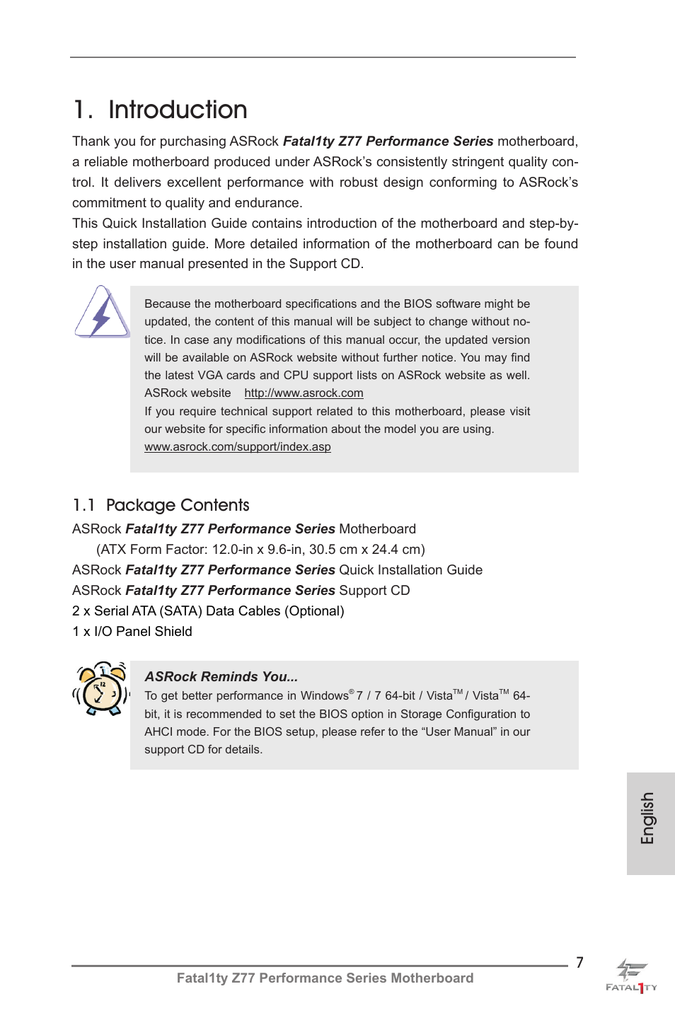 Introduction, 1 package contents, English | ASRock Fatal1ty Z77 Performance User Manual | Page 7 / 219