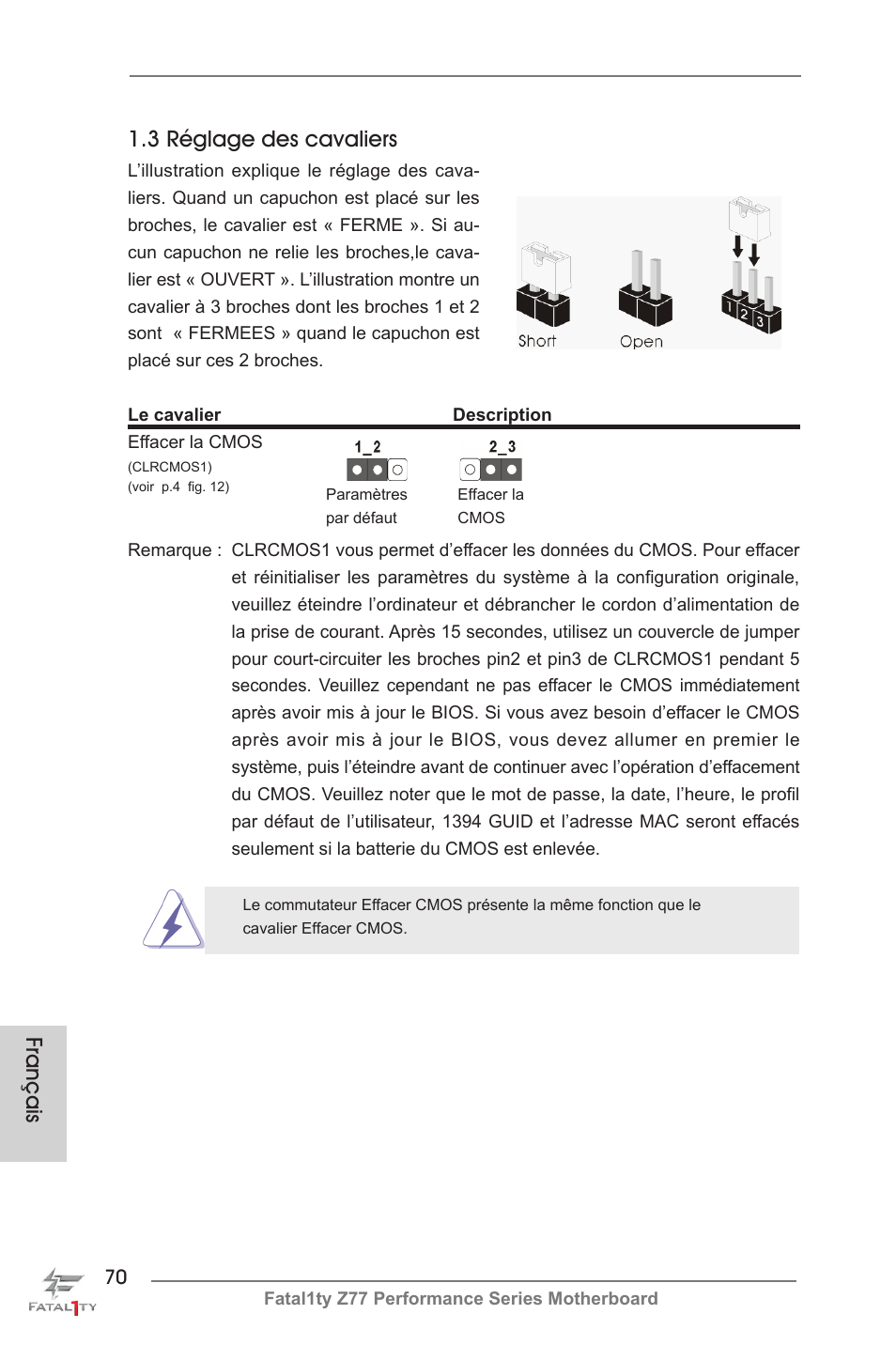 Français 1.3 réglage des cavaliers | ASRock Fatal1ty Z77 Performance User Manual | Page 70 / 219