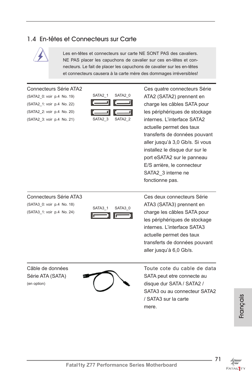 Français, 4 en-têtes et connecteurs sur carte | ASRock Fatal1ty Z77 Performance User Manual | Page 71 / 219