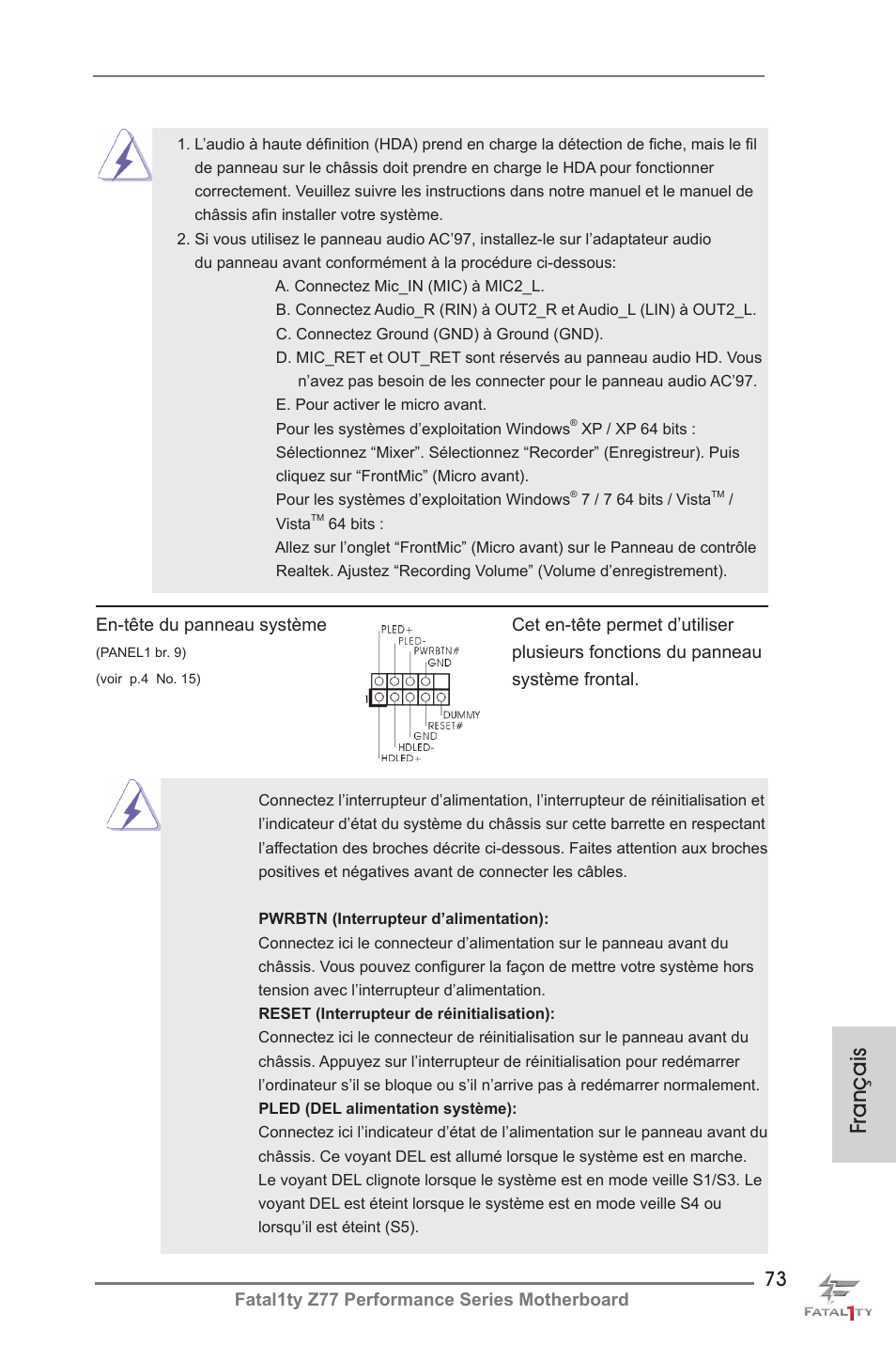 Français | ASRock Fatal1ty Z77 Performance User Manual | Page 73 / 219
