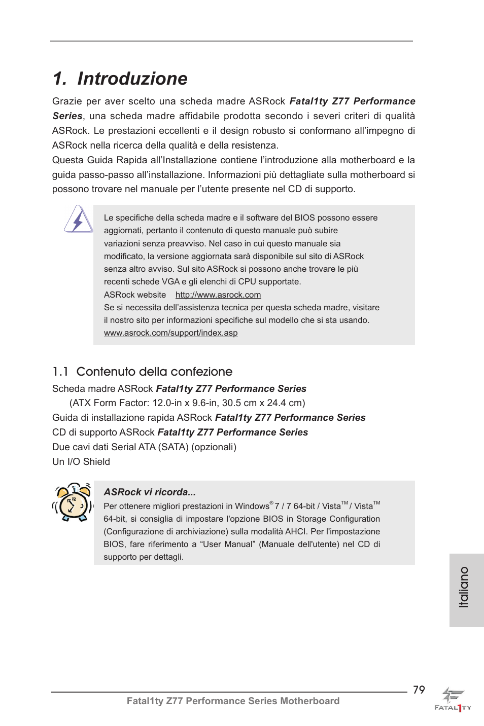 Italian, Introduzione, Italiano | 1 contenuto della confezione | ASRock Fatal1ty Z77 Performance User Manual | Page 79 / 219