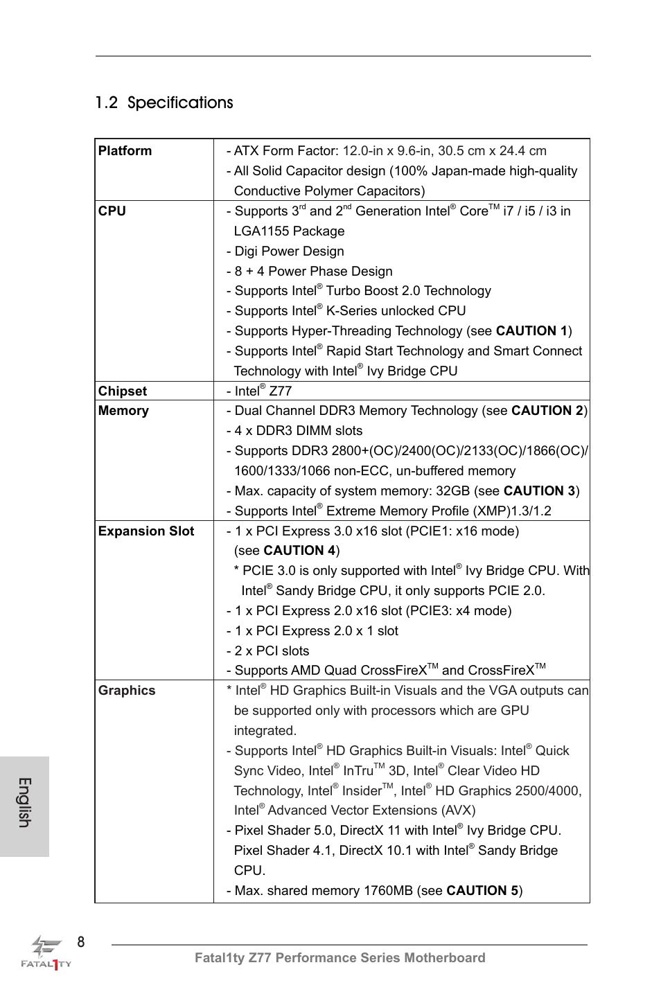 English 1.2 specifications | ASRock Fatal1ty Z77 Performance User Manual | Page 8 / 219