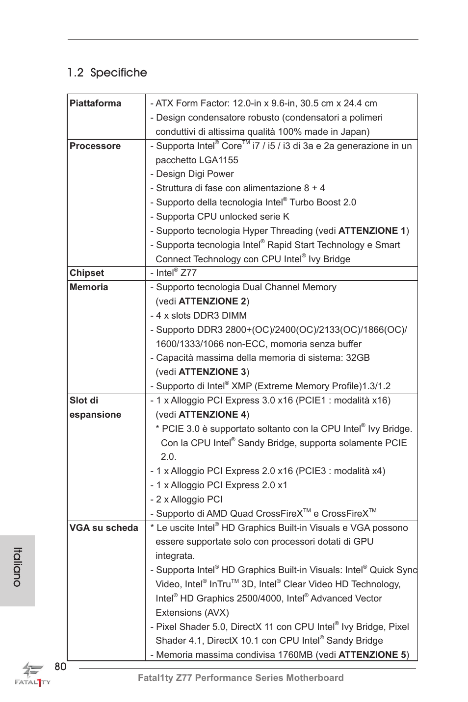 Italiano 1.2 specifiche | ASRock Fatal1ty Z77 Performance User Manual | Page 80 / 219