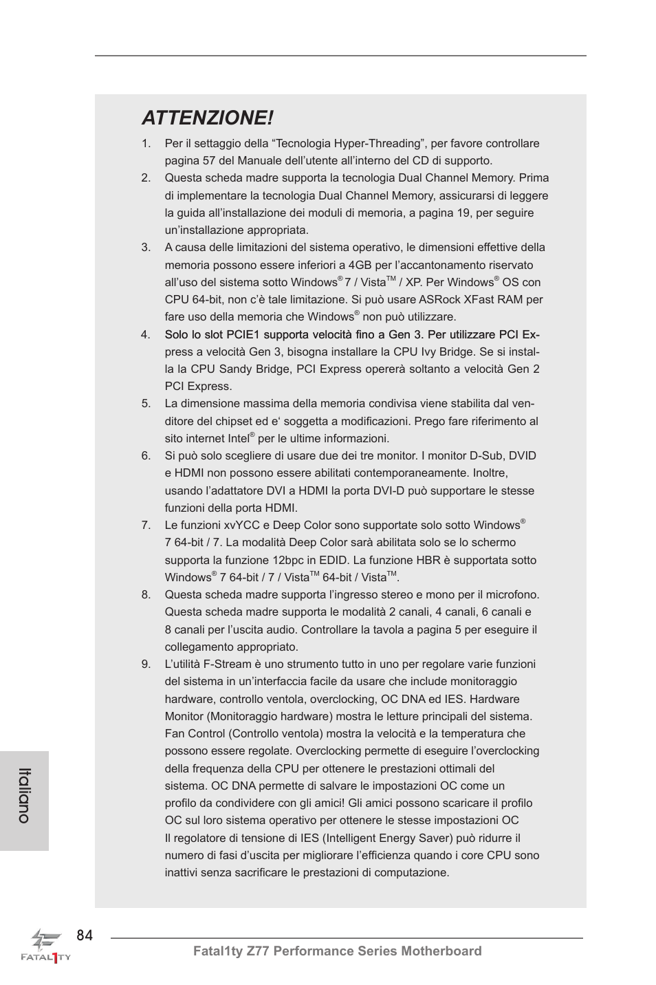 Attenzione, Italiano, Fatal1ty z77 performance series motherboard | ASRock Fatal1ty Z77 Performance User Manual | Page 84 / 219