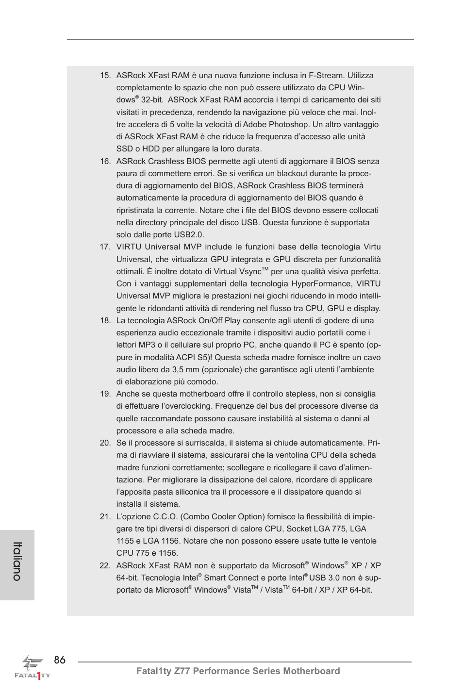 Italiano, Fatal1ty z77 performance series motherboard | ASRock Fatal1ty Z77 Performance User Manual | Page 86 / 219