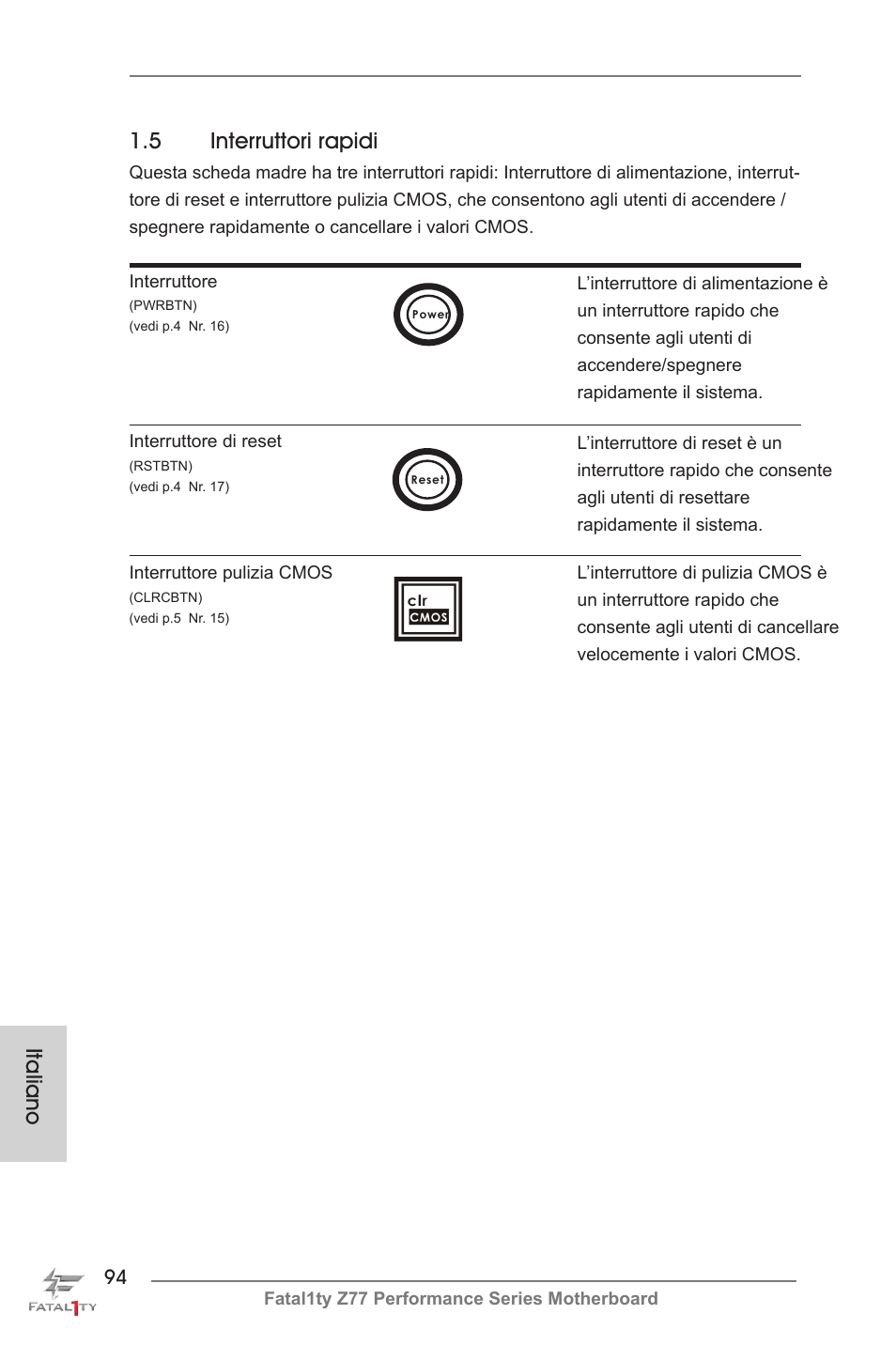 Italiano 1.5 interruttori rapidi | ASRock Fatal1ty Z77 Performance User Manual | Page 94 / 219