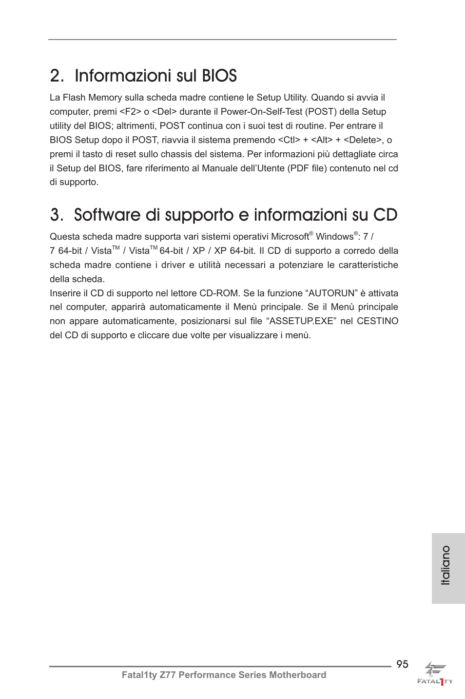 Informazioni sul bios, Software di supporto e informazioni su cd, Italiano | ASRock Fatal1ty Z77 Performance User Manual | Page 95 / 219