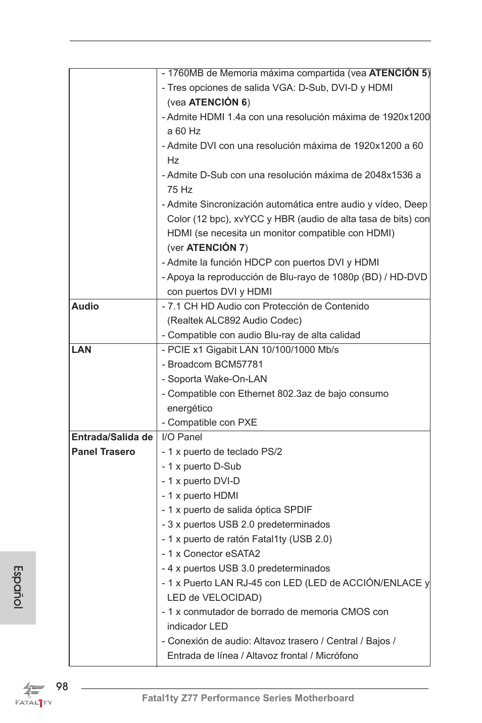 Español | ASRock Fatal1ty Z77 Performance User Manual | Page 98 / 219