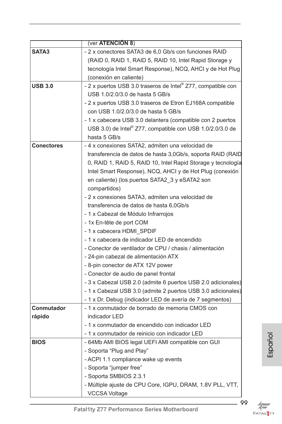 Español | ASRock Fatal1ty Z77 Performance User Manual | Page 99 / 219