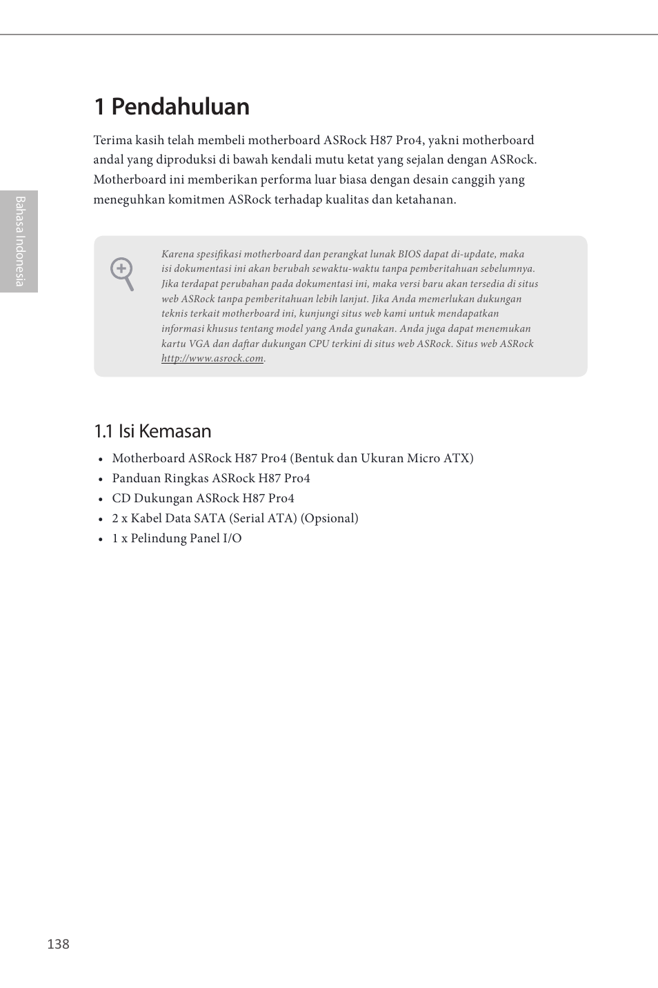 Indonesian, 1 pendahuluan, 1 isi kemasan | ASRock H87 Pro4 User Manual | Page 140 / 150