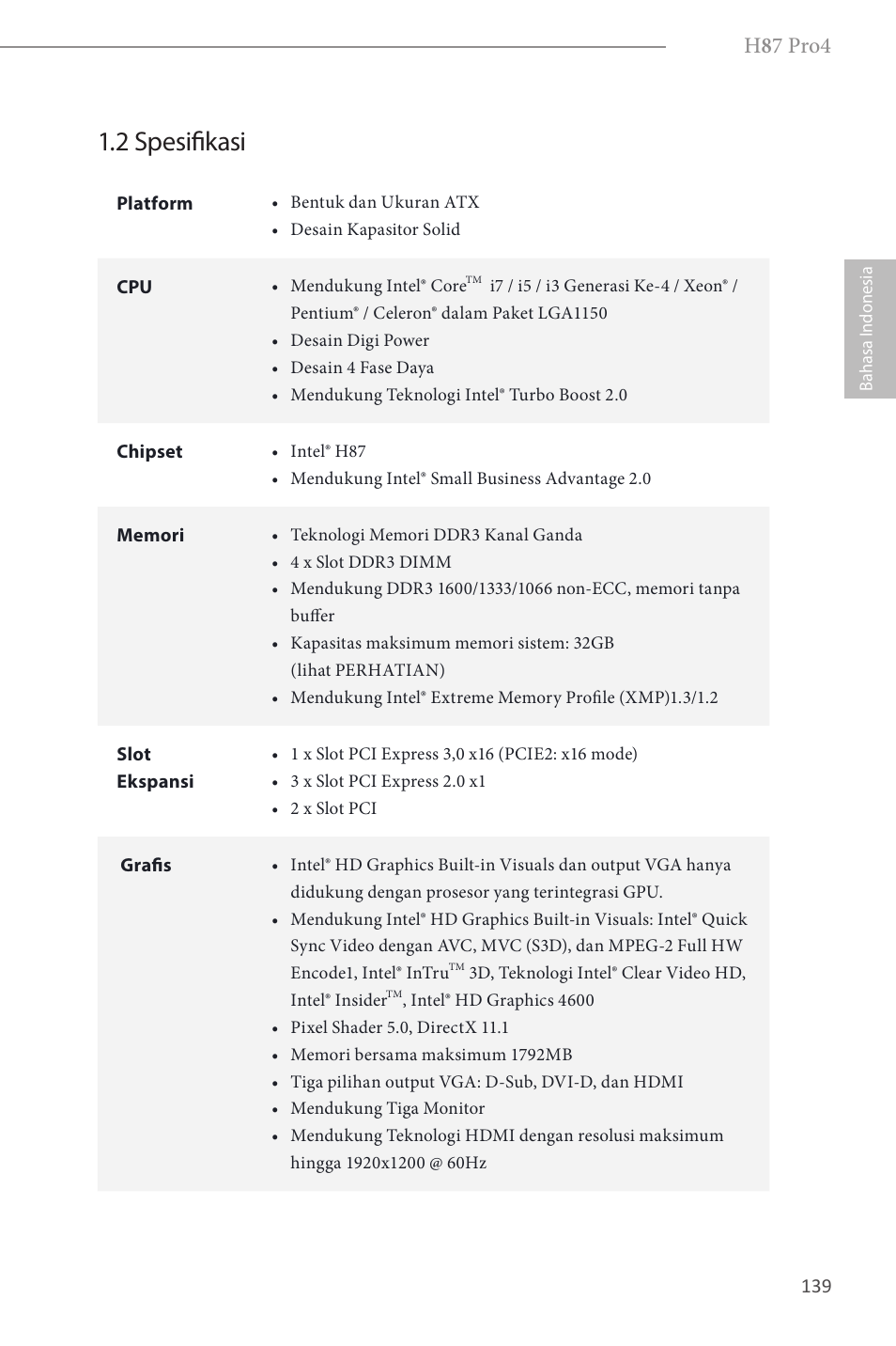 2 spesifikasi, H 8 7 pro4 | ASRock H87 Pro4 User Manual | Page 141 / 150