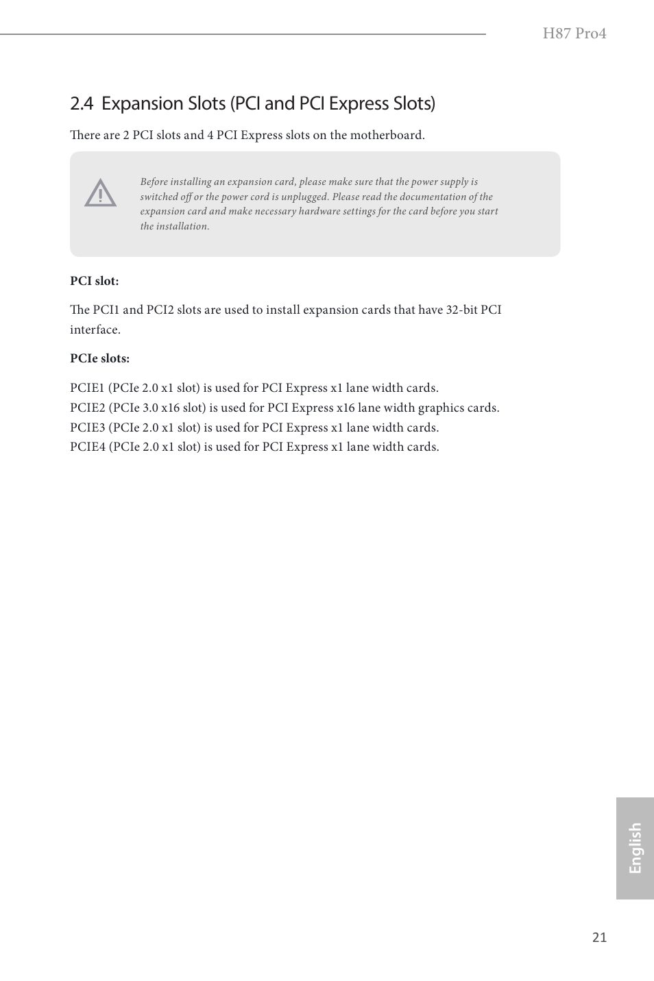 4 expansion slots (pci and pci express slots), H87 pro4, English | ASRock H87 Pro4 User Manual | Page 23 / 150