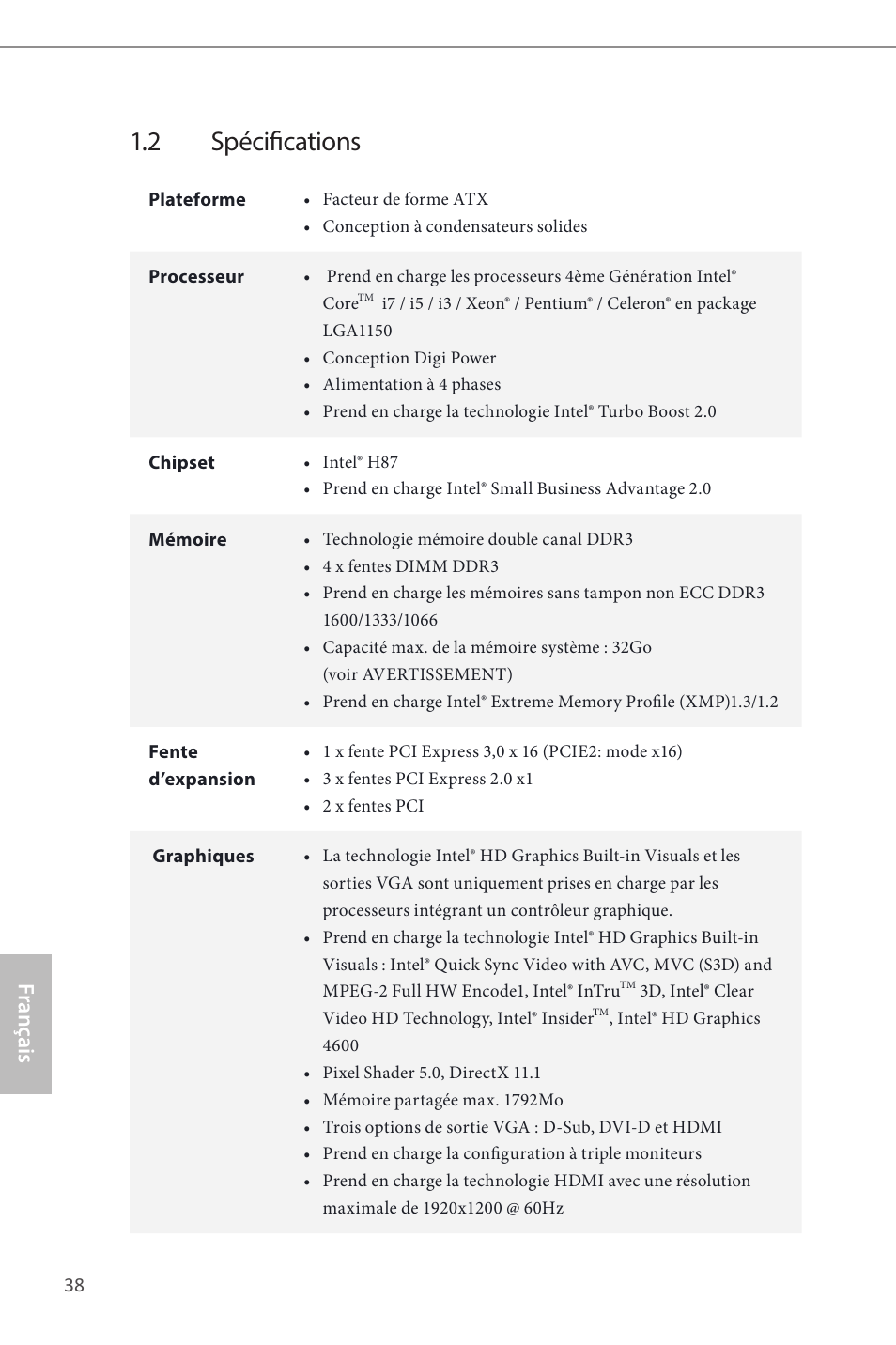 2 spécifications, Français | ASRock H87 Pro4 User Manual | Page 40 / 150